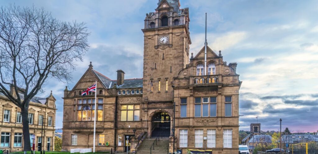 View of Cleckheaton town hall showing Victorian architecture in the Spen Valley