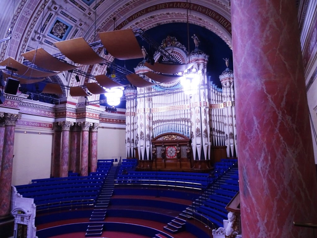 Interior of Leeds Town Hall Victoria Hall during refurbishment survey carried out by HSG Surveys on behalf of Bermar Building